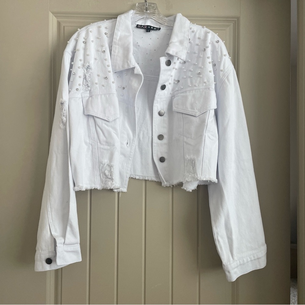POL White Embellished Cropped Bomber Jacket NWOT